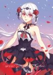  1girl absurdres armpits bangs black_dress black_gloves black_legwear blue_background closed_mouth dress flower gloves hair_flower hair_ornament highres holding holding_sword holding_weapon honkai_(series) honkai_impact_3rd lips long_hair looking_at_viewer petals red_eyes red_flower red_rose rose sdzy97510 sleeveless sleeveless_dress solo sword theresa_apocalypse theresa_apocalypse_(luna_kindred) thighhighs twintails two-tone_background weapon white_hair 