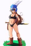  1girl armlet bare_shoulders black_panties breasts brown_eyes brown_gloves brown_hair cleavage closed_mouth daisy_(dq) dragon_quest dragon_quest_yuusha_abel_densetsu gloves helmet highres horned_helmet long_hair looking_at_viewer panties simple_background solo sword underwear weapon white_background 