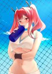  1girl absurdres arm_under_breasts azur_lane bangs bare_shoulders blue_sky blush bottle breasts bremerton_(azur_lane) bremerton_(scorching-hot_training)_(azur_lane) chain-link_fence cl_(summer_sama) cloud commentary day eyebrows_visible_through_hair fence hair_between_eyes hair_intakes hair_ornament hairclip highres holding holding_bottle large_breasts long_hair looking_at_viewer midriff navel no_mole open_mouth outdoors pink_eyes pink_hair shirt sidelocks skirt sky sleeveless sleeveless_shirt solo sportswear standing tennis_uniform twintails upper_body water_bottle white_shirt wristband 