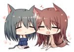  2girls :d =_= afterimage animal_ears bangs bare_shoulders barefoot black_legwear blue_shirt brown_hair brown_jacket brown_sweater cat_ears cat_girl cat_tail chibi closed_eyes closed_mouth dog_ears dog_girl dog_tail eyebrows_visible_through_hair hair_between_eyes heart jacket kinona long_hair long_sleeves multiple_girls no_shoes off-shoulder_shirt off_shoulder open_clothes open_jacket open_mouth original pants pantyhose ribbed_sweater shirt simple_background sitting skirt smile sweater tail tail_wagging turtleneck turtleneck_sweater very_long_hair white_background white_pants white_skirt yuri 