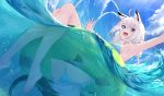  1girl ahoge animal_ear_fluff animal_ears ass bikini blue_sky braid green_eyes hair_between_eyes highres hololive innertube looking_at_viewer oruyanke_(fubuki_channel) shirakami_fubuki side_braid sky smile solo swimsuit takubon thighs underwater virtual_youtuber water white_hair 