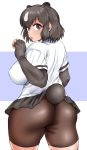  1girl animal_ears ass bangs bear_ears bear_girl bear_tail black_gloves black_hair black_skirt breasts brown_bear_(kemono_friends) brown_shorts covered_nipples cowboy_shot elbow_gloves extra_ears eyebrows_visible_through_hair fingerless_gloves from_behind gloves hair_between_eyes hand_up impossible_clothes impossible_shirt impossible_shorts kemono_friends large_breasts looking_at_viewer looking_back medium_hair microskirt multicolored_hair open_mouth rayraw shirt short_sleeves shorts shorts_under_skirt sidelocks skirt solo tail twisted_torso two-tone_hair white_hair white_shirt 