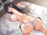  1girl ass back bangs bed_sheet bent_over black_hair blush bra bra_removed breasts large_breasts long_hair looking_at_viewer looking_back nipples on_bed open_mouth original panties purple_eyes solo suzuame_yatsumi topless underwear white_bra white_panties window 