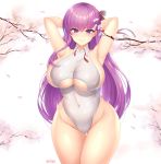  1girl absurdres arm_behind_head arm_up armpits artist_name ass_visible_through_thighs bangs bare_shoulders bb_(fate)_(all) bb_(fate/extra_ccc) blush branch breasts cherry_blossoms closed_mouth collarbone commentary_request covered_nipples cowboy_shot day eyebrows_visible_through_hair fate/extra fate/extra_ccc fate_(series) groin hair_between_eyes hair_ribbon hibi_(grangcat) highleg highleg_leotard highres huge_breasts large_breasts leotard long_hair looking_at_viewer one_side_up outdoors petals purple_eyes purple_hair red_ribbon ribbon shiny shiny_clothes shiny_skin sidelocks skindentation sleeveless smile solo standing thighs tree twitter_username underboob underboob_cutout v-shaped_eyebrows very_long_hair white_leotard wing_collar 