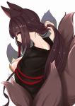  1girl akagi_(azur_lane) animal_ears azur_lane blush breasts brown_hair cleavage eyebrows_visible_through_hair fox_ears fox_tail japanese_clothes kirigamine774 large_breasts long_hair looking_at_viewer multiple_tails nape red_eyes simple_background solo tail white_background 