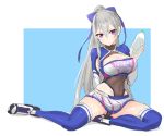  1girl armpit_cutout azur_lane blue_background blue_bow blue_legwear bottle bow breasts casablanca_(azur_lane) casablanca_(cheer_squad_on_break)_(azur_lane) cheerleader cleavage_cutout commentary_request covered_navel grey_hair hair_bow highres large_breasts leotard_under_clothes long_hair long_sleeves partially_visible_vulva pleated_skirt purple_eyes shoes sitting skindentation skirt sneakers solo thighhighs two-tone_background water_bottle white_background white_skirt yokozuwari zonbaio 