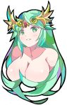  bangs blush breasts circlet cleavage collarbone cropped_torso enpe green_eyes green_hair hair_censor hair_over_breasts head_tilt highres kid_icarus large_breasts long_hair nude palutena parted_bangs parted_lips simple_background smile upper_body very_long_hair white_background 