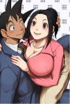  1boy 1girl black_eyes black_hair blush breasts chi-chi_(dragon_ball) cleavage closed_mouth couple denim dragon_ball dragon_ball_z formal harumaki hetero jeans jewelry large_breasts necklace pants short_hair smile son_gokuu spiked_hair suit 