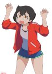  1girl absurdres arms_up artist_name black_hair blush brand_new_animal fang highres jacket kagemori_michiru long_sleeves looking_at_viewer once_11h open_mouth red_eyes red_jacket shirt short_hair shorts solo spoilers track_jacket white_shirt 