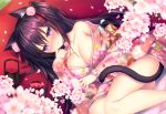  1girl animal_ear_fluff animal_ears bangs bare_shoulders blush breasts cat_ears cat_girl cat_tail cherry_blossoms cleavage commentary_request eyebrows_visible_through_hair floral_print hair_between_eyes hair_ornament hanami japanese_clothes kimono large_breasts long_hair looking_at_viewer lying off_shoulder on_side original purple_eyes purple_hair sidelocks smile solo sorai_shin&#039;ya tail 