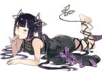  1girl bare_shoulders barefoot black_coat black_hair bow breasts candy cleavage coat cyrillic demon_girl demon_horns demon_tail feet_out_of_frame food food_in_mouth hanarito horns jacket jacket_removed kojou_anna leg_ribbon lollipop looking_at_viewer lying medium_breasts on_stomach one_eye_closed pointy_ears purple_bow purple_hair ribbon see-through shirt simple_background sleeveless sleeveless_shirt solo sugar_lyric tail virtual_youtuber white_background yellow_eyes 