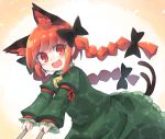  1girl animal_ear_fluff animal_ears bangs bell black_bow blunt_bangs bow braid cat_day cat_ears cat_tail commentary dress frills green_dress hair_bow juliet_sleeves kaenbyou_rin kibisake long_hair long_sleeves looking_at_viewer multiple_tails open_mouth outstretched_arms pointy_ears puffy_sleeves pushing red_eyes red_hair slit_pupils smile solo tail touhou twin_braids twintails two_tails upper_body 