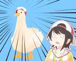  ._. 1girl animal backwards_hat bangs bird black_hair blank_eyes blue_background commentary_request duck emphasis_lines hat highres hololive koito_shuu o_o oozora_subaru oozora_subaru_(duck) open_mouth shirt short_hair simple_background striped striped_shirt tomboy virtual_youtuber 