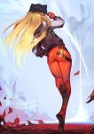 1girl absurdres ass blonde_hair bodysuit bodysuit_under_clothes commentary eva_02 evangelion:_3.0_you_can_(not)_redo facing_away from_behind full_body hat hat_tip highres jacket long_hair mecha neon_genesis_evangelion pantylines petals plugsuit rebuild_of_evangelion red_bodysuit shikinami_asuka_langley solo souryuu_asuka_langley ssangbong-llama 