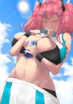  1girl absurdres azur_lane bangs between_breasts black_bra black_panties blue_sky blush bra breasts bremerton_(azur_lane) bremerton_(scorching-hot_training)_(azur_lane) can cleavage closed_eyes cloud collared_shirt commentary commentary_request cowboy_shot day eyebrows_visible_through_hair green_skirt grey_hair groin hair_between_eyes hair_intakes hair_ornament hairclip highres holding holding_can hot huge_breasts large_breasts lens_flare lifted_by_self long_hair midriff mole mole_under_eye multicolored_hair navel nose_blush outdoors panties panty_peek parted_lips pink_hair revision sakkama shirt shirt_lift sidelocks skirt sky sleeveless sleeveless_shirt solo sportswear standing streaked_hair sun sunlight sweat tennis_uniform twintails two-tone_hair two-tone_skirt u_u underwear white_shirt white_skirt wristband 