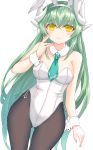  1girl absurdres animal_ears bare_shoulders black_legwear blush breasts bunny_ears bunnysuit cleavage closed_mouth dragon_horns eyebrows_visible_through_hair fake_animal_ears fate/grand_order fate_(series) green_hair green_neckwear highres horns kiyohime_(fate/grand_order) long_hair looking_at_viewer medium_breasts morizono_shiki necktie pantyhose simple_background smile solo very_long_hair white_background white_horns yellow_eyes 