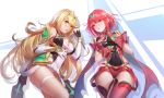  2girls absurdres bangs bare_shoulders blonde_hair blush breasts chest_jewel cleavage cleavage_cutout covered_navel dress earrings elbow_gloves fingerless_gloves gem gloves hair_ornament happy headpiece highres hikari_(xenoblade_2) homura_(xenoblade_2) jewelry large_breasts long_hair looking_at_viewer lying multiple_girls on_back q18607 red_eyes red_hair red_shorts short_hair shorts shoulder_armor smile swept_bangs thigh_strap thighhighs tiara very_long_hair xenoblade_(series) xenoblade_2 yellow_eyes 