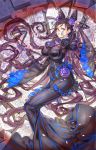  1girl absurdres amethyst_(gemstone) black_dress breasts calligraphy_brush double_bun dress fantasyxing fate/grand_order fate_(series) frilled_umbrella gem glass highres holding_brush juliet_sleeves large_breasts long_hair long_sleeves looking_at_viewer murasaki_shikibu_(fate) paintbrush puff_and_slash_sleeves puffy_sleeves purple_eyes sleeves_past_wrists two_side_up umbrella very_long_hair 