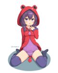  1girl alternate_color animal_ears bangs black_hair black_legwear blue_eyes boots coat finger_to_mouth frog_hood frog_raincoat hood looking_at_viewer medium_hair open_mouth original purple_swimsuit raincoat red_coat rubber_boots sasaame shiny shiny_clothes sitting solo spread_legs swimsuit thighhighs thighs wariza white_background 