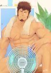  1boy abs bara beard brown_hair chest closed_eyes covering covering_crotch facial_hair fan fate/grand_order fate_(series) highres male_focus muscle napoleon_bonaparte_(fate/grand_order) nipples nude pectorals scar simple_background sitting smile soft_drink solo towel veins wet wet_hair zifuuuun 