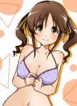  1girl adjusting_bra adjusting_clothes blush bra breasts brown_eyes brown_hair cleavage closed_mouth commentary drill_hair dutch_angle eyebrows_visible_through_hair hair_ribbon heart heart_print idolmaster idolmaster_cinderella_girls lace lace-trimmed_bra looking_at_viewer medium_hair navel petsuo_(penpen) print_bra purple_bra ribbon smile solo totoki_airi twintails underwear underwear_only upper_body yellow_ribbon 