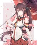 1girl blush breasts brown_eyes brown_hair cherry_blossoms flower hair_flower hair_ornament headgear highres jenson_tw kantai_collection large_breasts long_hair looking_at_viewer open_mouth oriental_umbrella ponytail skirt smile solo umbrella very_long_hair yamato_(kantai_collection) 