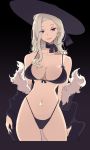  1girl bikini black_background black_bikini black_coat black_headwear black_neckwear blonde_hair breasts choker cleavage coat cowboy_shot fur-trimmed_coat fur_trim highleg highleg_bikini highleg_swimsuit large_breasts looking_at_viewer mikoto_akemi navel navel_piercing original piercing red_eyes simple_background solo standing swimsuit 