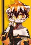  1girl absurdres animal_ears arknights black_hair black_nails fang furry glasses highres ivan_wang looking_at_viewer multicolored_hair orange_hair parted_lips round_eyewear short_hair smile solo tiger_ears upper_body waai_fu white_hair white_skin 