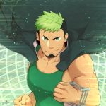  1boy abs bara beard chest clenched_hands dark_skin facial_hair green_eyes green_tank_top highres jacket_on_shoulders looking_at_viewer male_focus multicolored_hair muscle pectorals simple_background smile solo taurus_mask tokyo_houkago_summoners upper_body wrestling_outfit zifuuuun 