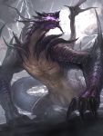  absurdres claws cloud commentary_request debris dragon giant highres lightning lightning_bolt looking_to_the_side manichi no_humans original outdoors purple_eyes sharp_teeth standing teeth water wings 