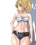  1girl abs arm_at_side bandeau bangs belt blonde_hair blue_eyes braid breasts brown_belt cleavage collarbone cowboy_shot cutoffs denim denim_shorts eyebrows_visible_through_hair fate/apocrypha fate_(series) french_braid hand_on_hip long_hair looking_to_the_side micro_shorts midriff mordred_(fate)_(all) navel open_mouth parted_bangs ponytail shadow shorts sidelocks solo strapless thighs tomliat toned tubetop white_background 