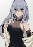  1girl bare_shoulders black_dress black_gloves bridal_gauntlets character_request commentary_request copyright_request dress elbow_gloves gloves grey_background grey_eyes grey_hair hinomaru_(futagun) long_hair parted_lips see-through simple_background solo upper_body 