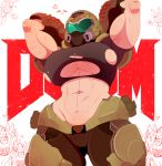  1girl abs armpits arms_up biceps breasts cacodemon commentary crop_top doom_(game) doom_eternal doomguy english_commentary flexing gauntlets genderswap genderswap_(mtf) helmet highres huge_breasts muscle muscular_female navel nona_moth pose praetor_suit revenant_(doom) scar shirt skindentation solo thick_thighs thighs torn_clothes torn_shirt underboob 
