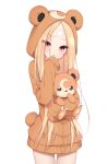  1girl abigail_williams_(fate/grand_order) animal_costume animal_ears bangs bear_costume bear_ears bear_hood bear_tail blush brown_jacket closed_mouth commentary crescent crossed_bandaids crossover eyebrows_visible_through_hair eyes_visible_through_hair fake_animal_ears fake_tail fate/grand_order fate_(series) gen_2_pokemon holding holding_pokemon hood hood_up hooded_jacket hug jacket kamu_(geeenius) long_hair long_sleeves parted_bangs pokemon pokemon_(creature) red_eyes simple_background sleeves_past_fingers sleeves_past_wrists smile tail teddiursa very_long_hair white_background 