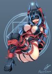  1girl arms_behind_back ass aster-effect ball_gag bdsm blindfold blue_hair blush bondage boots bound breasts collar gag gagged high_heels highres horns long_hair original red_rope rope shibari shibari_over_clothes solo tail thigh_boots thighhighs 