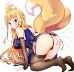  1girl all_fours animal_ear_fluff animal_ears ass bangs bare_shoulders black_garter_straps black_panties blonde_hair blue_dress blue_eyes blush braid breasts brown_legwear china_dress chinese_clothes detached_sleeves dress floral_print fox_ears fox_tail full_body garter_straps hair_ornament hand_on_own_ass large_breasts long_hair looking_at_viewer looking_back miyano_ururu multiple_tails no_shoes open_mouth original panties pink_nails pom_pom_(clothes) skindentation smile solo string_panties tail thighhighs thong underwear very_long_hair 