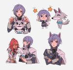  1boy 1girl animal_ears closed_mouth crossed_arms dark_skin doubutsu_no_mori fire_emblem fire_emblem:_three_houses garreg_mach_monastery_uniform grey_background hapi_(fire_emblem) highres long_sleeves multiple_views open_mouth pikapika_hoppe purple_eyes purple_hair red_eyes red_hair short_hair simple_background smile uniform wolf_ears yuri_(fire_emblem) 