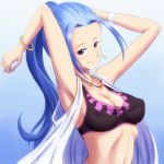  1girl armpits arms_up blue_background blue_hair bonnie_(rsg) bracelet breasts cleavage closed_mouth collarbone covered_nipples gradient gradient_background hair_intakes high_ponytail jewelry long_hair looking_at_viewer medium_breasts midriff navel necklace nefertari_vivi one_piece purple_eyes shiny shiny_hair sideboob sidelocks smile solo stomach upper_body very_long_hair white_background 