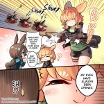  2girls ^_^ amiya_(arknights) animal_ears arknights blonde_hair blue_eyes bow_(weapon) brown_hair bunny_ears closed_eyes commentary crossbow english_text gloves kroos_(arknights) multiple_girls phandit_thirathon slug smile speech_bubble squinting weapon 