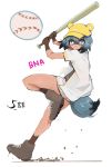  1girl absurdres baseball baseball_bat baseball_cap black_hair blue_eyes blue_hair boots brand_new_animal closed_mouth eyebrows_visible_through_hair full_body furry hat highres holding_baseball_bat kagemori_michiru looking_at_viewer multicolored multicolored_eyes multicolored_hair pink_eyes raccoon_tail short_hair solo tail taipe_pepe yellow_headwear 