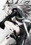  1girl animal_ears arknights black_footwear black_shorts commentary_request grey_background grey_eyes grey_hair highres jacket lappland_(arknights) long_hair long_sleeves looking_at_viewer open_mouth ore_lesion_(arknights) pale_skin scar scar_across_eye shorts sitting solo wolf_ears yuuuuu 