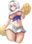  1girl :o armlet azur_lane bangs black_hairband blush breasts cheerleader commentary_request cowboy_shot cropped_legs eyebrows_visible_through_hair from_below grey_hair hair_between_eyes hairband hand_up highres holding_pom_poms large_breasts looking_at_viewer midriff miniskirt moppo navel pleated_skirt pom_poms purple_eyes purple_sash reno_(azur_lane) reno_(biggest_little_cheerleader)_(azur_lane) sash shirt short_hair sidelocks simple_background skirt sleeveless sleeveless_shirt solo standing underboob white_background white_skirt 