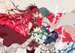  2girls absurdres akari_(qq941315189) bare_shoulders beige_background belt black_ribbon blue_hair blue_skirt bouquet breasts cape closed_eyes closed_mouth cowboy_shot detached_sleeves expressionless eyebrows_visible_through_hair eyelashes floating_hair flower flower_request fortissimo fortissimo_hair_ornament from_side hair_between_eyes hair_ornament hair_ribbon hairclip high_collar high_ponytail highres holding holding_bouquet leaf long_hair mahou_shoujo_madoka_magica medium_breasts miki_sayaka multiple_girls noses_touching pink_background pleated_skirt ponytail profile red_hair red_legwear ribbon sakura_kyouko shaded_face short_hair sideboob simple_background skirt sleeveless small_breasts soul_gem standing strapless striped striped_background sword thighhighs weapon white_cape white_flower white_legwear yuri zettai_ryouiki 