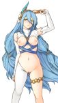  1girl absurdres animal_ears asymmetrical_legwear azura_(fire_emblem) blue_hair breasts bunny_ears elbow_gloves fake_animal_ears fingerless_gloves fire_emblem fire_emblem_fates gloves highres long_hair navel nipples parted_lips pussy revealing_clothes reverse_bunnysuit reverse_outfit simple_background solo tridisart veil white_background white_gloves yellow_eyes 