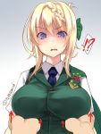  ! !? ... 1girl ? blonde_hair blue_neckwear blush braid breast_hold breast_lift breasts buttons collared_shirt commentary_request directional_arrow eyebrows_visible_through_hair frown gradient gradient_background green_vest hair_between_eyes hands highres kantai_collection large_breasts necktie open_mouth perth_(kantai_collection) purple_eyes shaded_face shirt short_hair short_sleeves solo_focus spoken_ellipsis spoken_exclamation_mark spoken_question_mark surprised takase_muu twitter_username upper_body vest white_shirt 