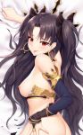  1girl armlet ass asymmetrical_sleeves back bangs bare_shoulders black_bow black_hair blush bow breasts closed_mouth dakimakura detached_collar earrings fate/grand_order fate_(series) hair_bow hoop_earrings ishtar_(fate)_(all) ishtar_(fate/grand_order) jewelry long_hair medium_breasts neck_ring nipples parted_bangs red_eyes shadowgrave smile tiara two_side_up white_bikini_top 