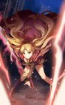  1girl asymmetrical_legwear asymmetrical_sleeves bent_over black_legwear black_leotard black_sleeves blonde_hair blurry blurry_background blurry_foreground bow cape closed_mouth diadem ereshkigal_(fate/grand_order) fate/grand_order fate_(series) floating_hair hair_bow hair_intakes holding leotard long_hair long_sleeves night outdoors outstretched_arms red_bow red_cape red_eyes signature single_sleeve single_thighhigh smile solo thighhighs twintails very_long_hair yukleeeee 