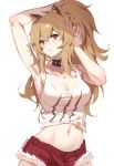  1girl animal_ears arknights armpits arms_up artist_name breasts cleavage collar commentary cowboy_shot highres light_brown_eyes light_brown_hair lion_ears long_hair navel ponytail red_shorts short_shorts shorts siege_(arknights) simple_background solo white_background yume_ou 