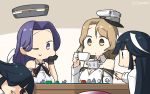  4girls arm_at_side black_hair board_game bow bowtie breasts brown_eyes commentary_request cup detached_sleeves dual_persona from_side hair_over_one_eye halterneck hamu_koutarou hat hayashimo_(kantai_collection) highres hime_cut houston_(kantai_collection) indoors kantai_collection large_breasts light_brown_hair long_hair mechanical_halo military military_uniform monopoly multiple_girls naval_uniform one_eye_closed open_mouth peaked_cap purple_eyes purple_hair remodel_(kantai_collection) school_uniform shirt short_hair sitting smile table tatsuta_(kantai_collection) teacup uniform very_long_hair white_headwear white_shirt 