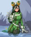  1girl 1other asui_tsuyu belt black_eyes black_footwear bodysuit boku_no_hero_academia boots breasts crossover frog_girl gen_8_pokemon gloves goggles goggles_on_head green_bodysuit hair_rings harness hiding highres kelvin_hiu large_breasts lily_pad long_hair low-tied_long_hair partially_submerged pokemon pokemon_(creature) pokemon_(game) pokemon_swsh sobble solo_focus thigh_boots thighhighs tongue trait_connection wading water waving wet wet_clothes white_gloves 